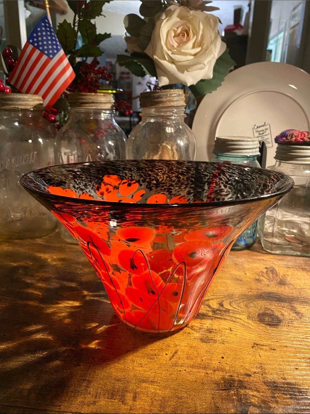 Hand-Blown Orange Floral Art Glass Bowl